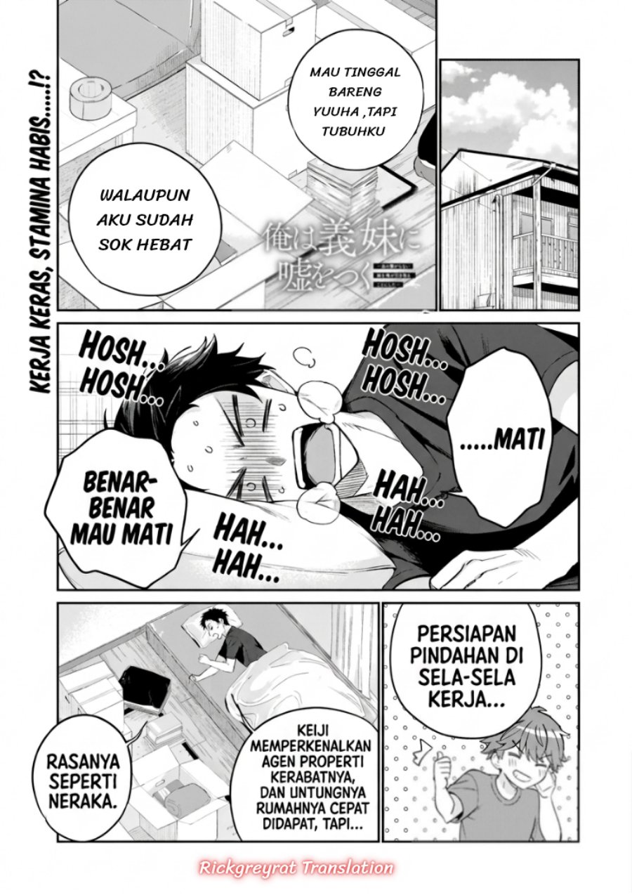 Halaman 2 dari Ore wa Gimai ni Uso wo Tsuku ~Chi no Tsunaganai Imouto wo Ore ga Hikitoru Koto ni Shita~ Chapter 3.2