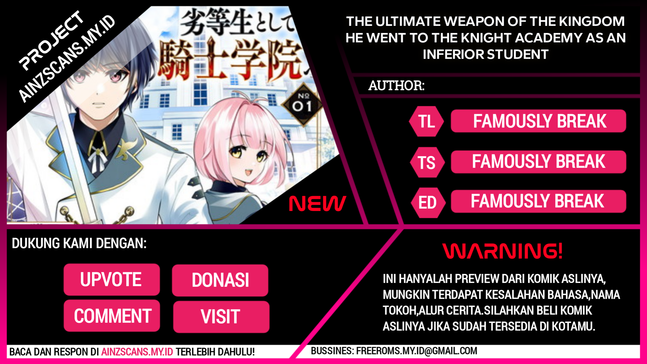 Halaman 1 dari Oukoku no Saishuu Heiki, Rettousei to shite Kishi Gakuin e Chapter 1.3